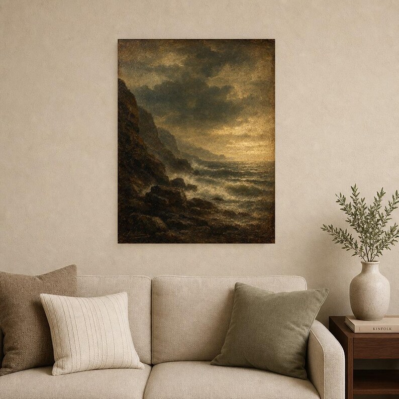 Moody Stormy Rocky Coast Wall Art Print | Vintage Oil Painting Print | Dramatic Seascape Tonalist Decor | Antique Cliff Poster image 9