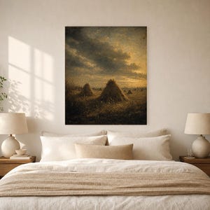 Moody Harvest Field Haystacks Wall Art Print | Vintage Oil Painting Print | Faded Golden Light Tonalist Decor | Antique Farm Poster image 6