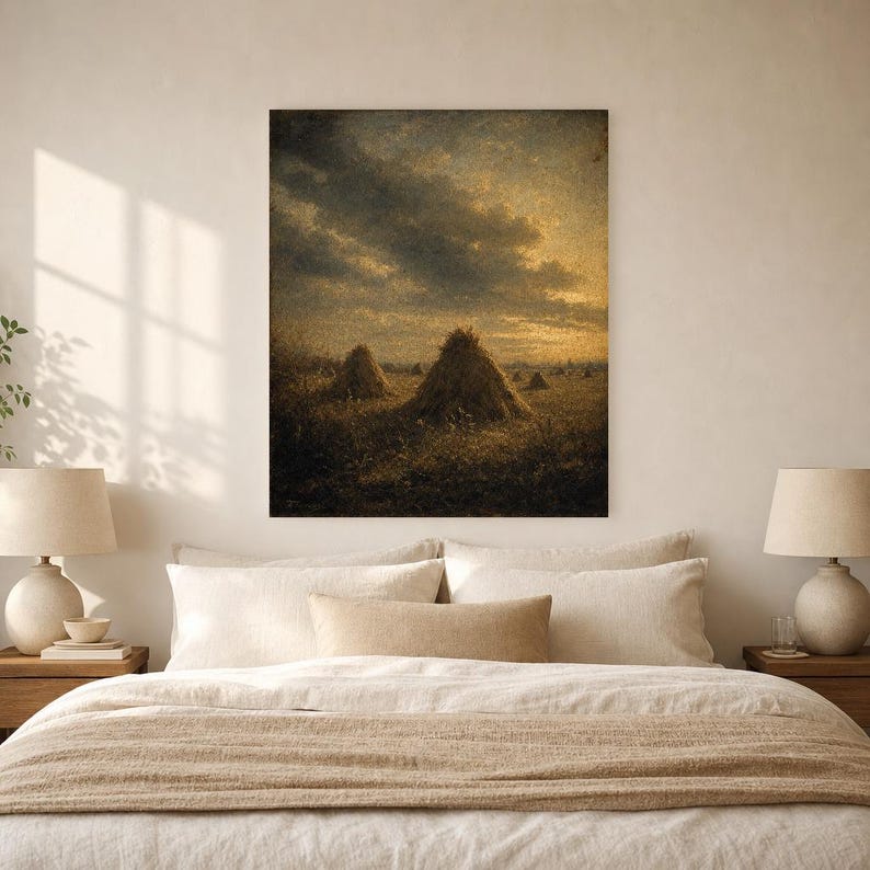 Moody Harvest Field Haystacks Wall Art Print | Vintage Oil Painting Print | Faded Golden Light Tonalist Decor | Antique Farm Poster image 6