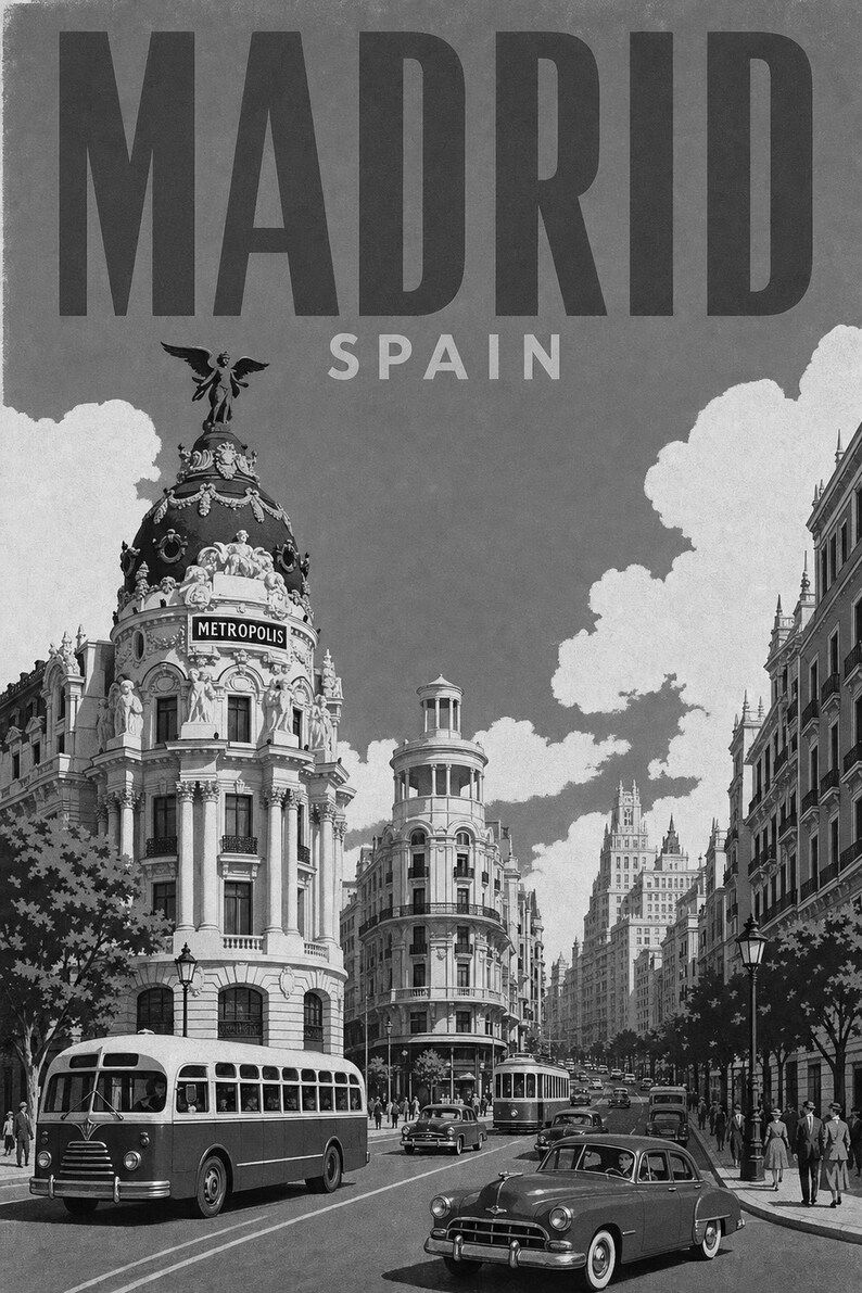 Póster de viaje de Madrid | Lámina vintage de la Gran Vía | Decoración de pared de España | Impreso y enviado imagen 10
