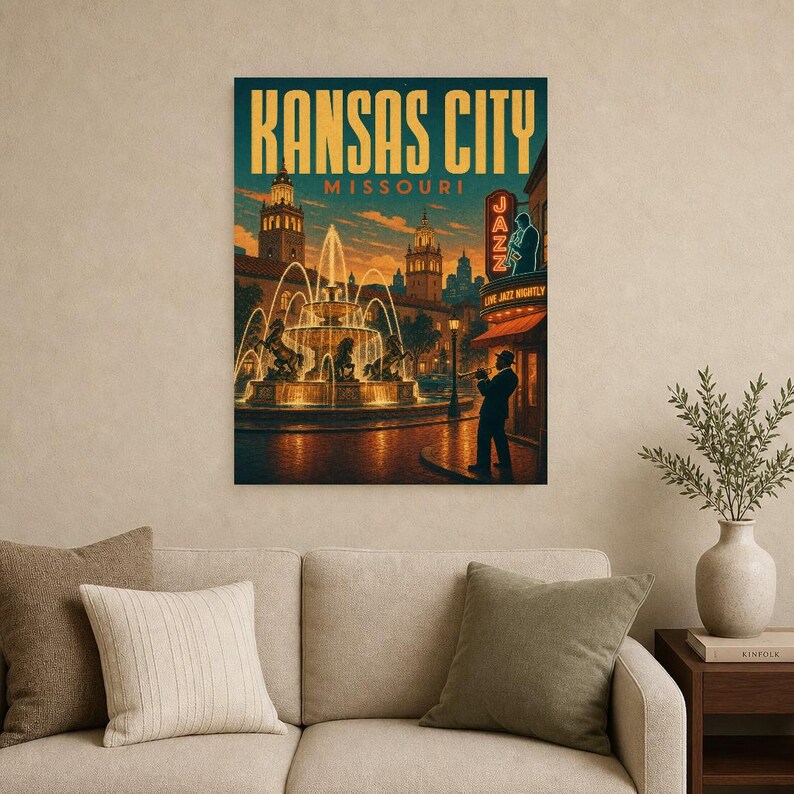 Póster turístico de Kansas City | Lámina vintage de las fuentes de jazz de los años 50 | Lámina decorativa de Missouri | Decoración urbana de mediados de siglo imagen 8