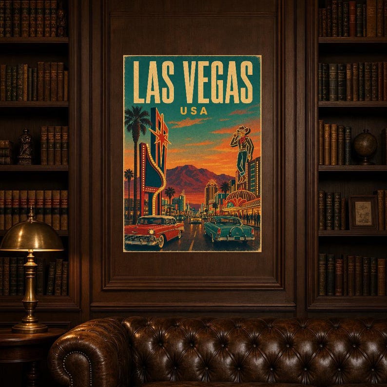 Las Vegas Travel Poster | Vintage 1950s Neon Strip Print | Retro Nevada Wall Art | Mid Century City Decor image 5