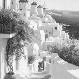 Mykonos Travel Poster | Soft Painting Greece Wall Art | Greek Island Windmills Coastal Print | Printed & Shipped image 10