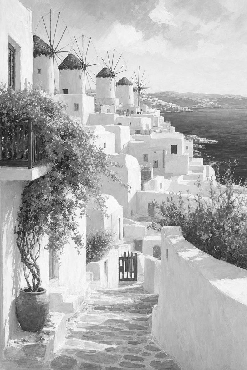 Mykonos Travel Poster | Soft Painting Greece Wall Art | Greek Island Windmills Coastal Print | Printed & Shipped image 10