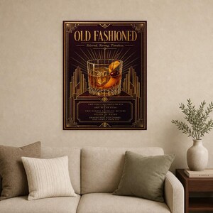Gold Art Deco Old Fashioned Recipe Wall Art Print | Amber Cocktail Recipe Poster | Bar Cart Decor Print | Kitchen Wall Art image 9