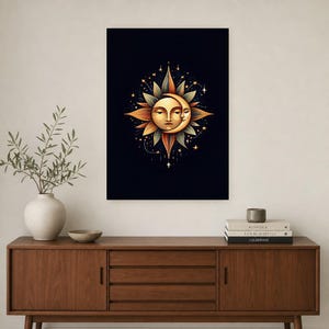 Celestial Sun and Moon Wall Art | Gold Mystical Face Poster | Boho Moon Phase Bedroom Print image 2