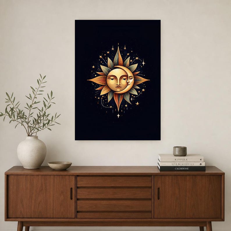 Celestial Sun and Moon Wall Art | Gold Mystical Face Poster | Boho Moon Phase Bedroom Print image 2