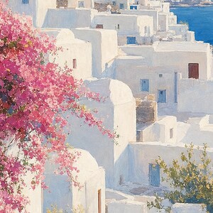 Mykonos Travel Poster | Soft Painting Greece Wall Art | Greek Island Windmills Coastal Print | Printed & Shipped image 3