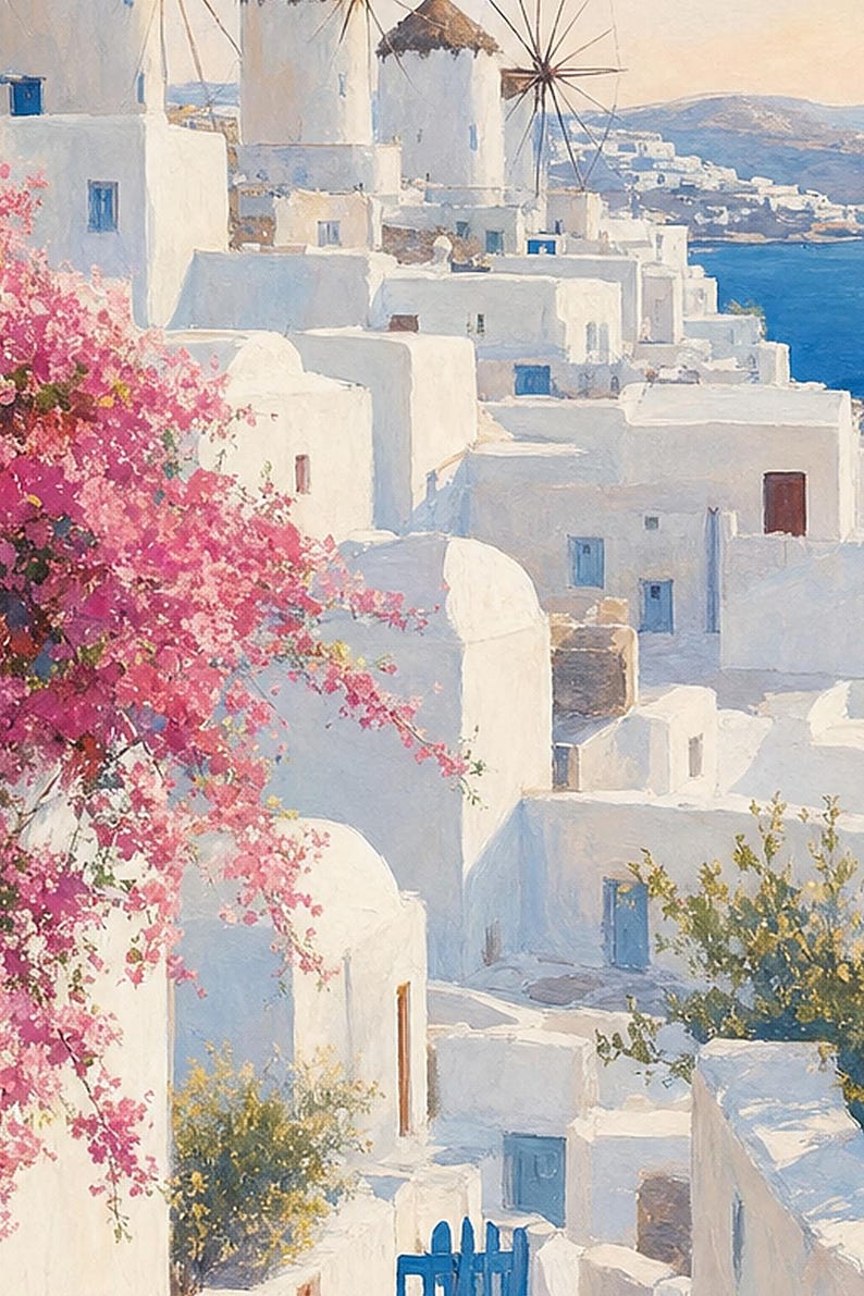 Mykonos Travel Poster | Soft Painting Greece Wall Art | Greek Island Windmills Coastal Print | Printed & Shipped image 3