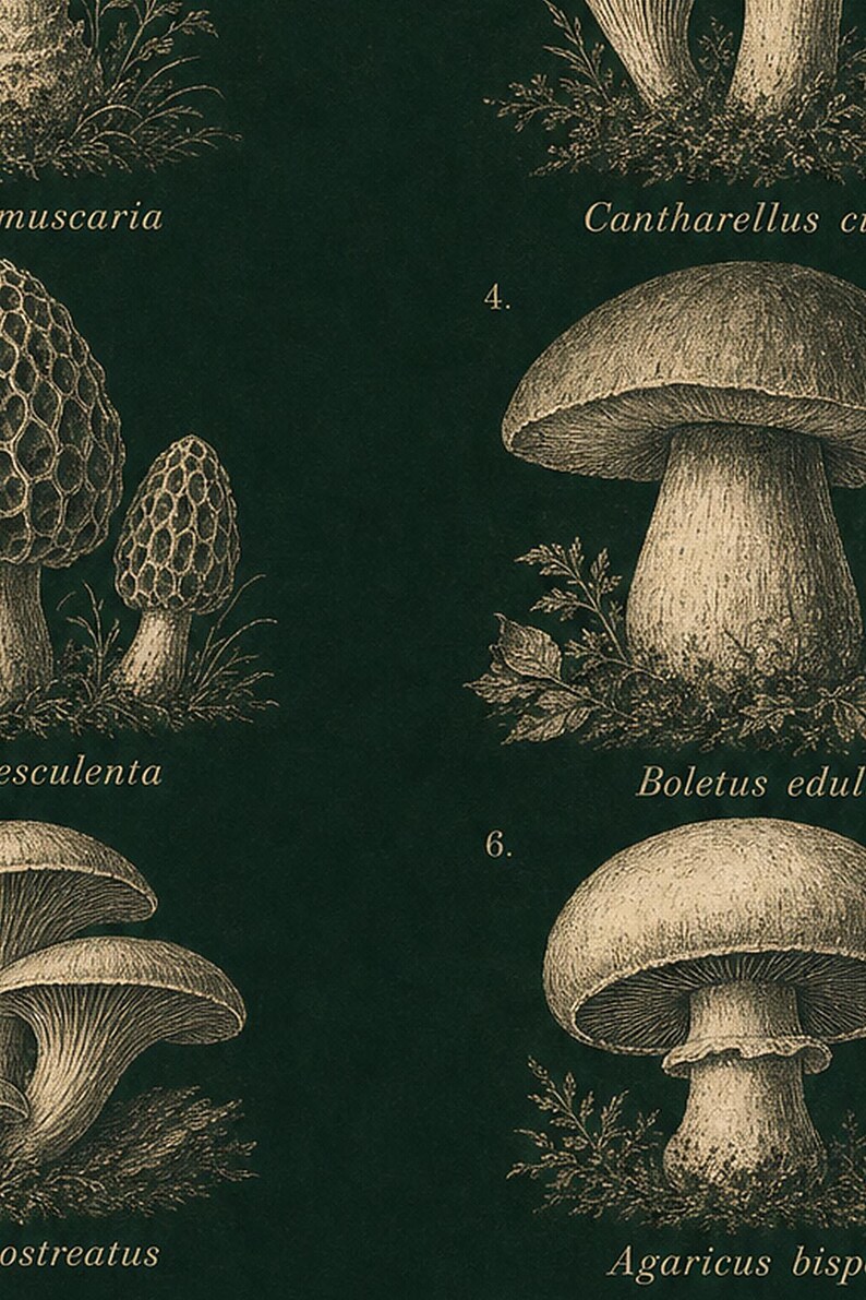 Mushroom Botanical Wall Art Print | Dark Academia Mycology Poster | Vintage Fungi Illustration | Forest Green Natural History Decor image 3