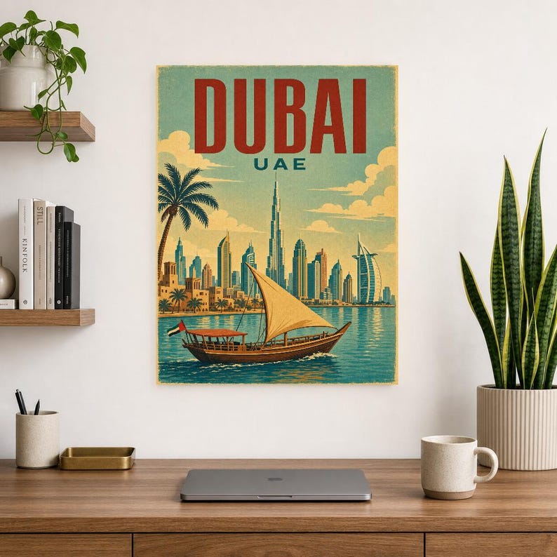 ドバイ旅行ポスター｜ヴィンテージ風スカイラインプリント｜UAEウォールアート｜印刷・発送 画像 8