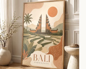 Póster de viaje de Bali | Lámina estilo boho de Bali | Arte mural retro de Indonesia | Descarga digital | Arte urbano imprimible
