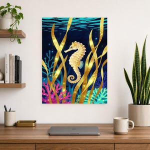 Biolumineszierendes Seepferdchen-Poster | Tiefsee-Ozean-Badezimmer-Wandkunstdruck | Dunkler Küstennachtdruck Bild 13