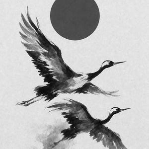 Impresión de grúa de sol rojo Arte de pared japonés | Dos grúas Sumi-e | Póster Dormitorio Wabi Sabi imagen 10