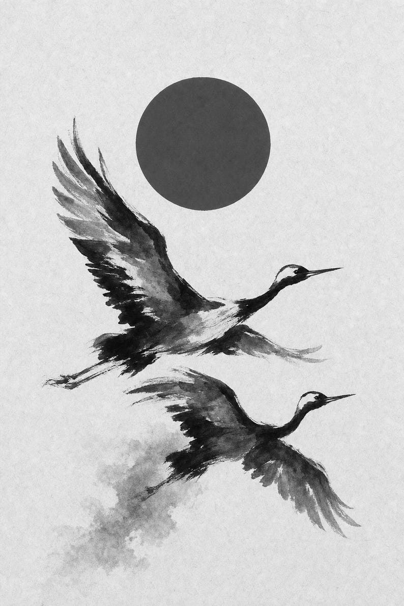 Impresión de grúa de sol rojo Arte de pared japonés | Dos grúas Sumi-e | Póster Dormitorio Wabi Sabi imagen 10