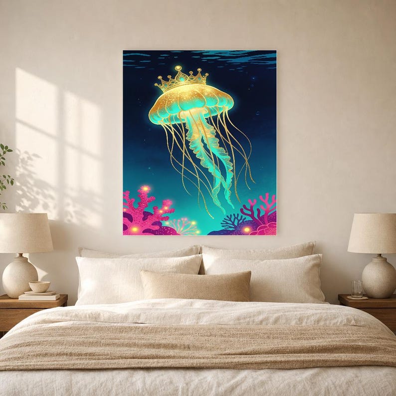 Bioluminescent Jellyfish Poster | Deep Sea Ocean Bathroom Wall Art Print | Dark Coastal Night Print image 6