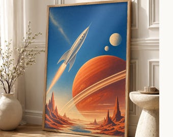 Póster retro de viajes espaciales | Impresión de arte de pared de ciencia ficción vintage | Arte del cohete del planeta carmesí | Decoración
