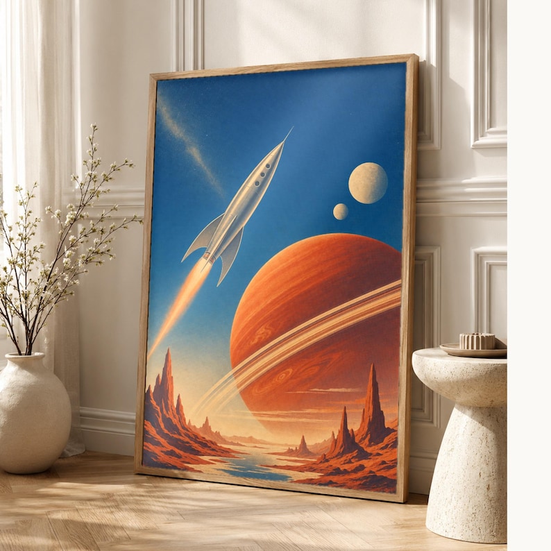 Retro Space Travel Poster | Vintage Sci-Fi Wall Art Print | Crimson Planet Rocket Art | 70s Cosmic Travel Wall Decor image 1