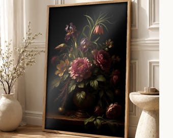 Dark Academia Botanical Wall Art | Moody Plum Floral Poster | Vintage Jewel Tone Study Room Print