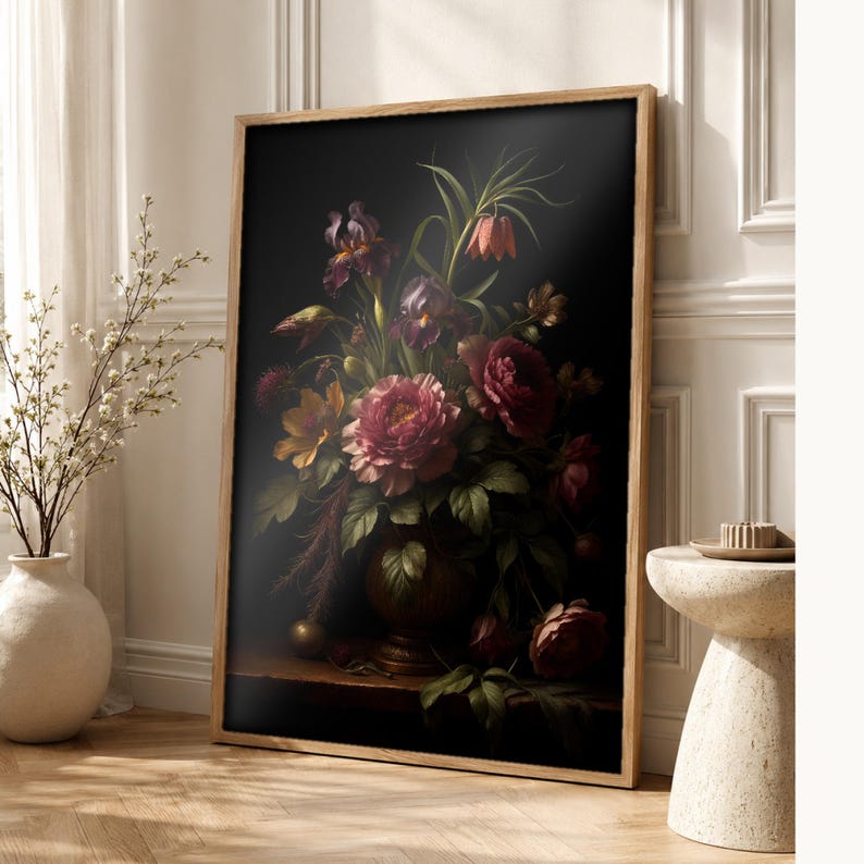 Dark Academia Botanical Wall Art | Moody Plum Floral Poster | Vintage Jewel Tone Study Room Print image 1
