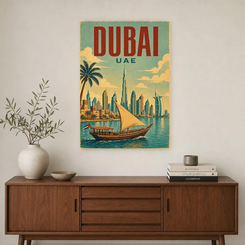 ドバイ旅行ポスター｜ヴィンテージ風スカイラインプリント｜UAEウォールアート｜印刷・発送 画像 2