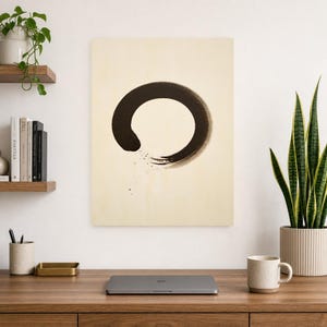 Charcoal Enso Zen Wall Art | Minimalist Ink Brush Circle Poster | Black Cream Meditation Print image 8