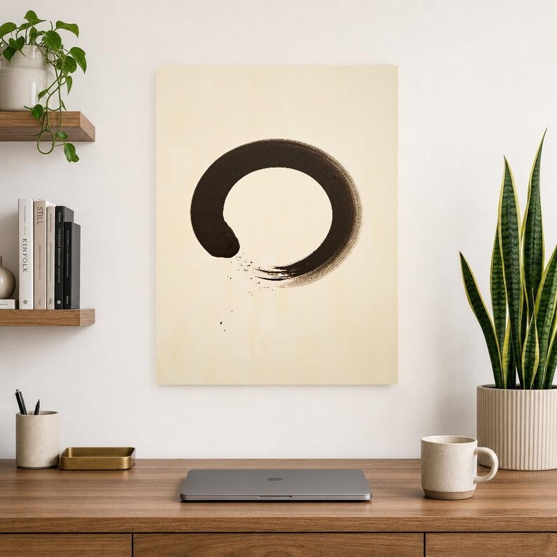 Charcoal Enso Zen Wall Art | Minimalist Ink Brush Circle Poster | Black Cream Meditation Print image 8