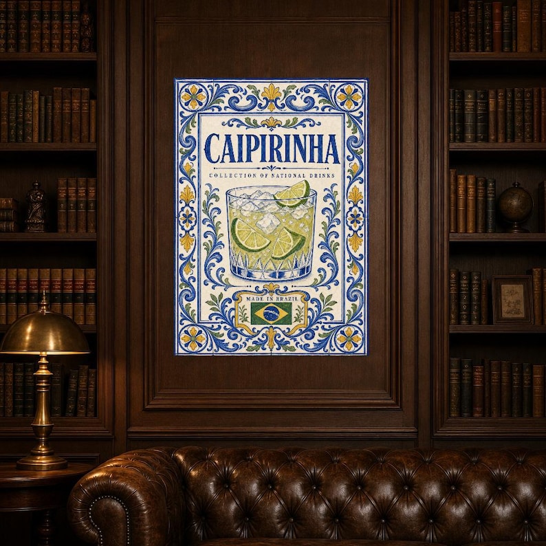 Caipirinha Cocktail Tile Wall Art Print | Brazil National Drink Poster | Azulejo Bar Cart Print | Maiolica Kitchen Decor image 5