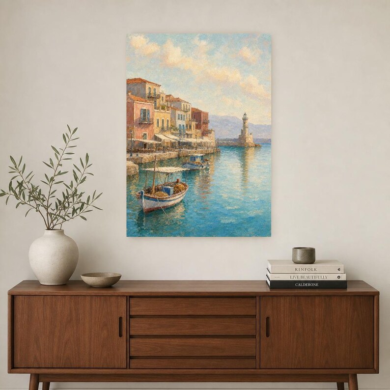 Crete Travel Poster | Soft Painting Greece Wall Art | Chania Old Harbour Coastal Print | Printed & Shipped image 2