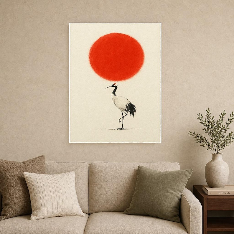 Minimale Rote Sonne Japandi Wandkunst | Einzelkran-Tintendruck | Zen-Wandkunst-Poster Bild 9
