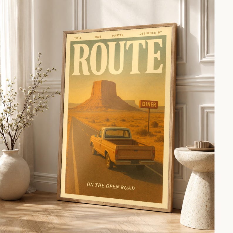 Routeretro-poster | Vintage jaren '70 kunst aan de muur afdrukken | Esthetische tijdschriftafdruk | Halverwege de eeuw retro decor cadeau afbeelding 1