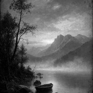 Moody Mountain Lake Rowboat Wall Art Print | Vintage Oil Painting Print | Misty Tonalist Landscape Decor | Ancient Dawn Poster image 10