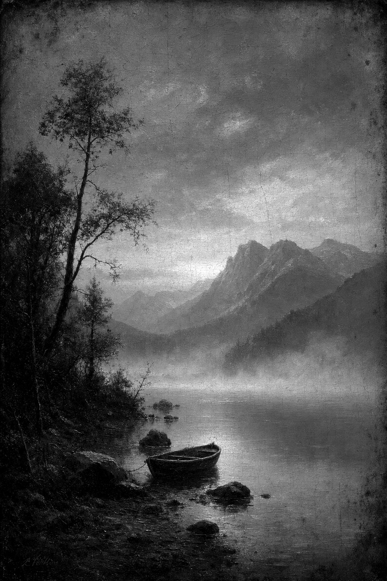 Moody Mountain Lake Rowboat Wall Art Print | Vintage Oil Painting Print | Misty Tonalist Landscape Decor | Ancient Dawn Poster image 10