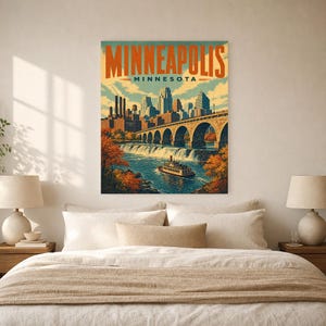 Minneapolis Travel Poster | Vintage Stone Arch Bridge Print | Minnesota Wall Art Print | Mid Century City Decor image 5