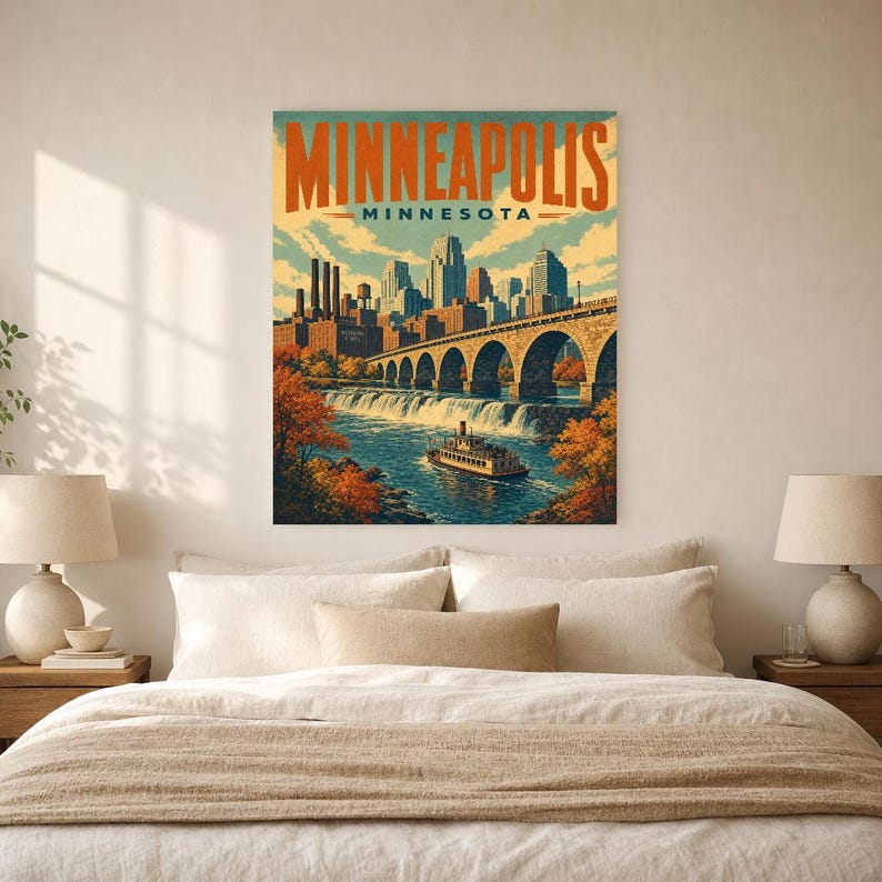 Minneapolis Travel Poster | Vintage Stone Arch Bridge Print | Minnesota Wall Art Print | Mid Century City Decor image 5