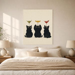 Black Cat Cocktail Wall Art Print | Martini Trio Poster | Bar Cart Print | Quirky Black Cat Club Lounge Decor image 6