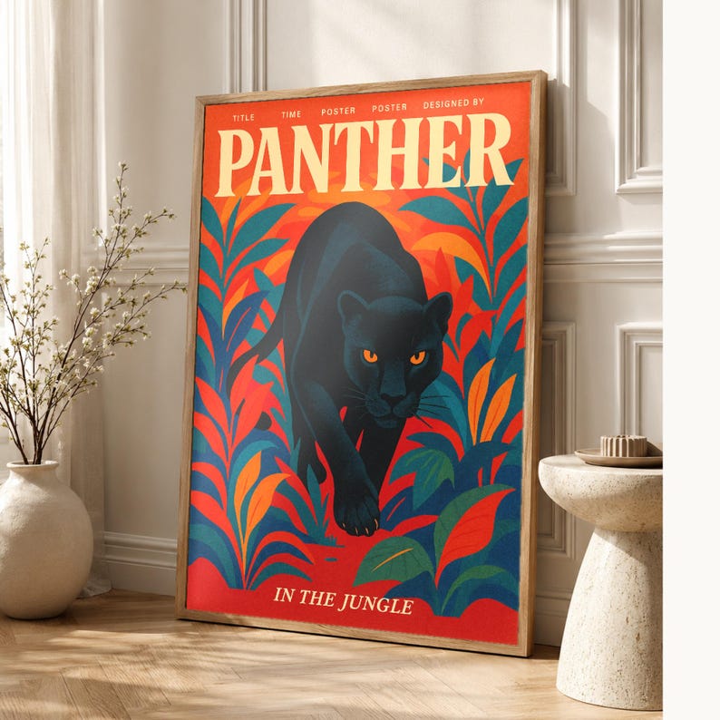 Panther Retro Poster | Vintage 70s Wall Art Print | Aesthetic Magazine Print | Mid Century Retro Decor Gift image 1