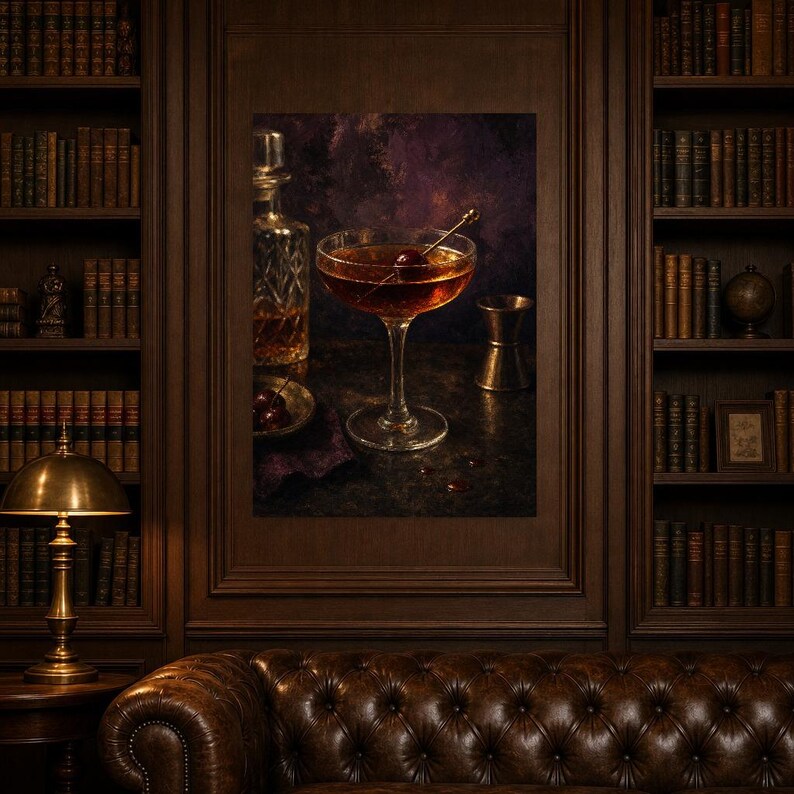Manhattan-Cocktail-Druck | Moody Barwagen Wandkunst | Whiskey-Coupé und Kirschstillleben Bild 5
