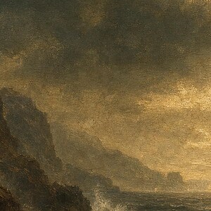 Moody Stormy Rocky Coast Wall Art Print | Vintage Oil Painting Print | Dramatic Seascape Tonalist Decor | Antique Cliff Poster image 3
