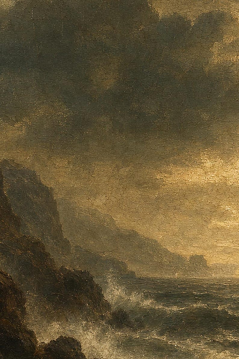 Moody Stormy Rocky Coast Wall Art Print | Vintage Oil Painting Print | Dramatic Seascape Tonalist Decor | Antique Cliff Poster image 3