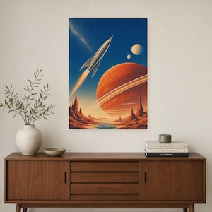 Retro Space Travel Poster | Vintage Sci-Fi Wall Art Print | Crimson Planet Rocket Art | 70s Cosmic Travel Wall Decor image 2
