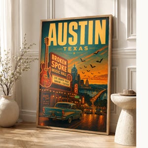 Austin-Reiseposter | Vintage-Druck der Hauptstadt der Livemusik | Texas-Wandbild | Stadtdeko aus der Mitte des 20. Jahrhunderts Bild 1