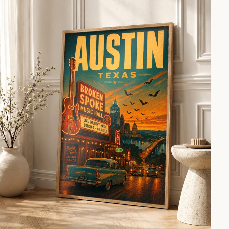 Austin-Reiseposter | Vintage-Druck der Hauptstadt der Livemusik | Texas-Wandbild | Stadtdeko aus der Mitte des 20. Jahrhunderts Bild 1