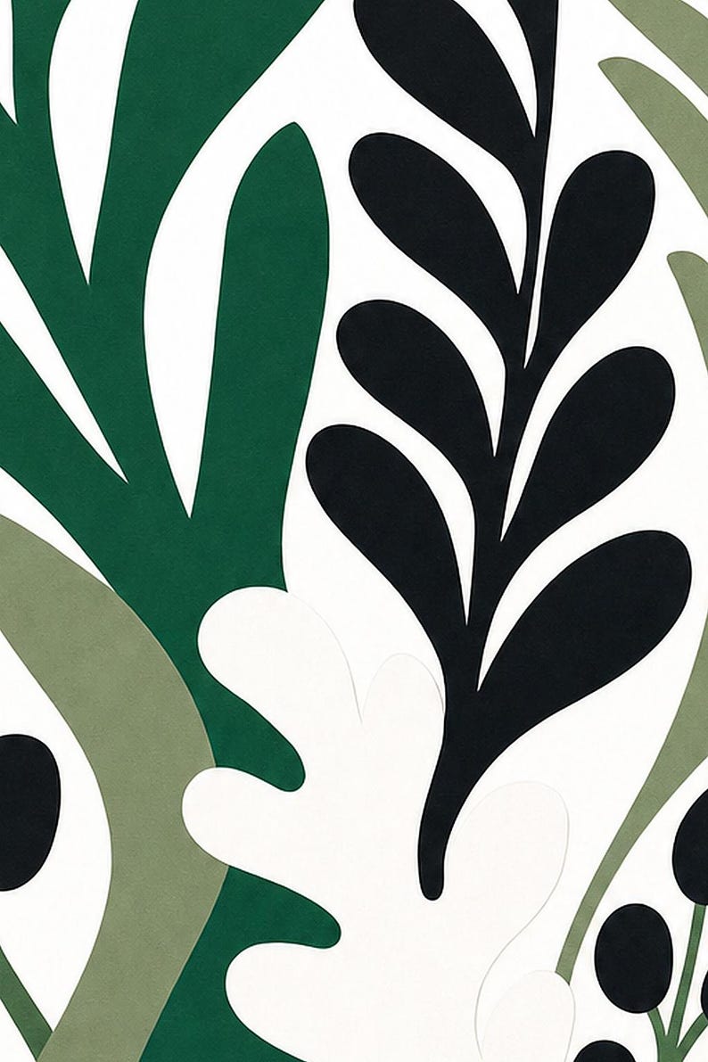 Botanical Cut Paper Exhibition Poster | Forest Green Leaf Wall Art Print | Mid Century Gallery Print | Abstract Matisse Style Poster Decor image 3