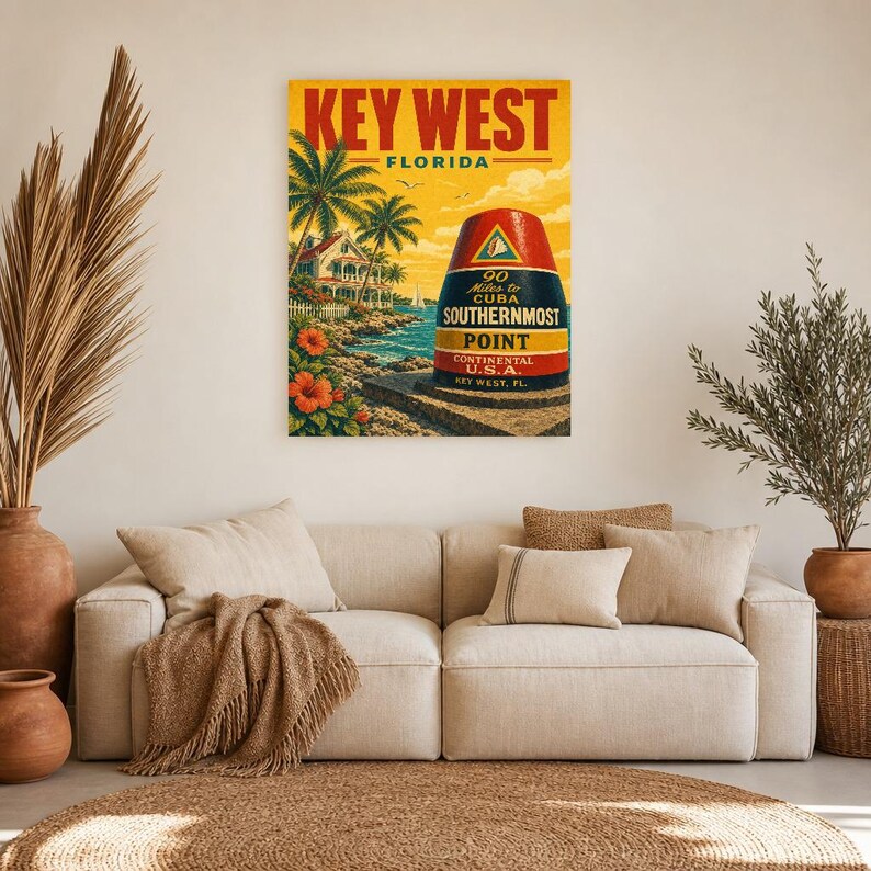 Key West Travel Poster | Vintage Southernmost Point Print | Florida Wall Art Print | Mid Century City Decor image 6