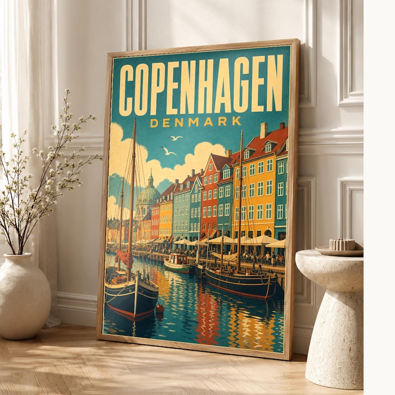 Copenhagen Travel Poster | Vintage Nyhavn Print | Denmark Wall Art | Printed & Shipped image 1