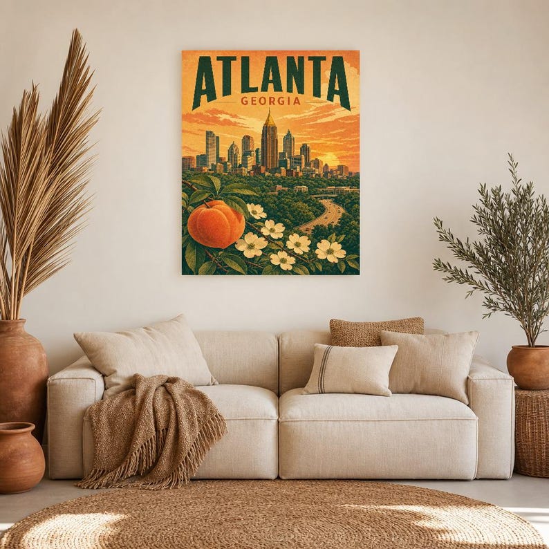 Pôster de viagem de Atlanta | Impressão vintage do horizonte da Geórgia | Arte de parede impressa da Geórgia | Decoração urbana de meados do século imagem 5