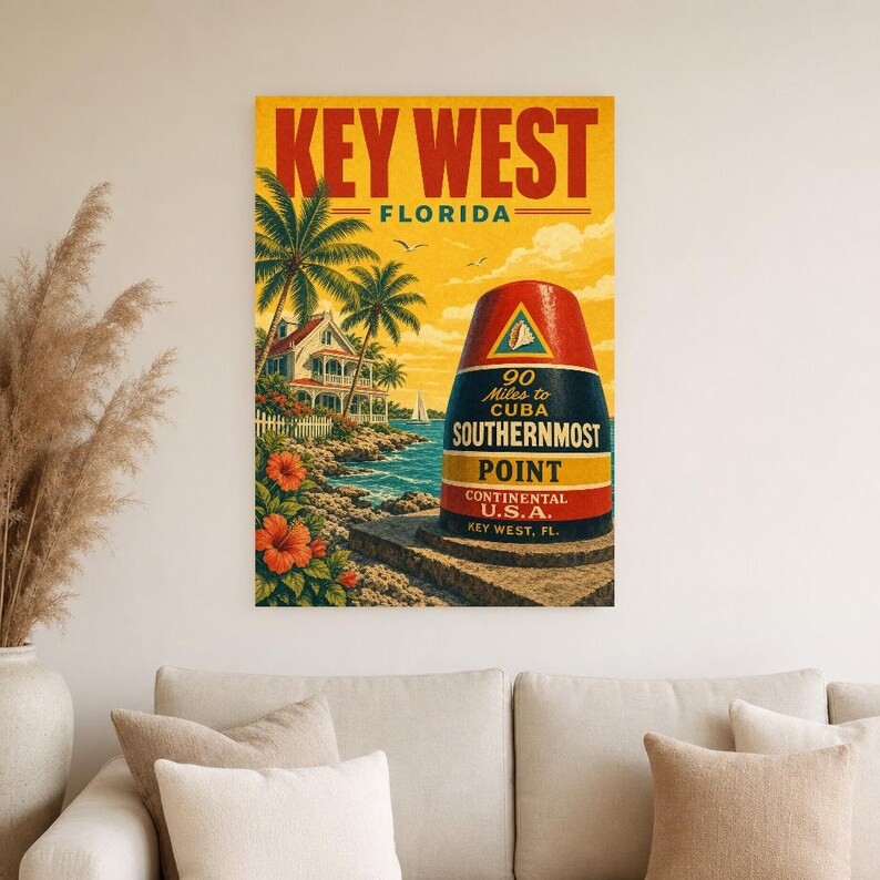 Key West Travel Poster | Vintage Southernmost Point Print | Florida Wall Art Print | Mid Century City Decor image 3