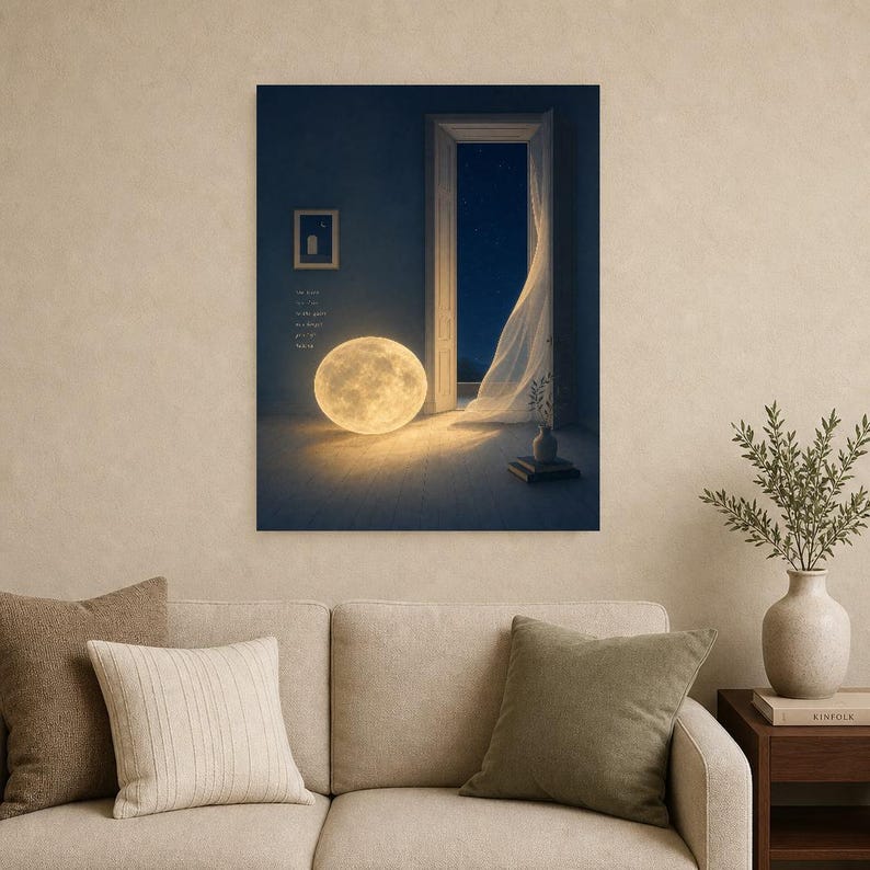 Impresión de arte de pared de luna surrealista ? Póster de dormitorio con paisaje de ensueño | Luna llena en una habitación Surrealismo suav imagen 7