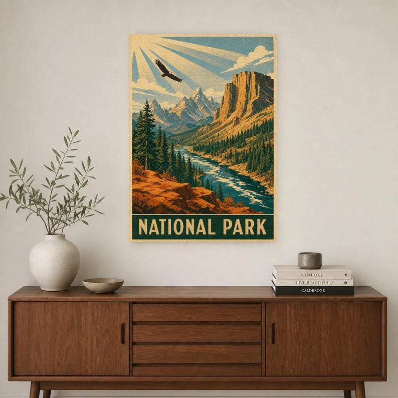 Burnt Orange National Park Wall Art | WPA Mountain Poster | Cabin Lodge Print image 2